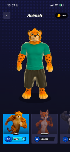 The GoBeast roster screen, showing Sabo the cheetah selected beside locked beast slots.